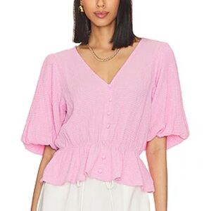 Sanctuary Textured Button Front Puff Sleeve Blouse Size Large Pink